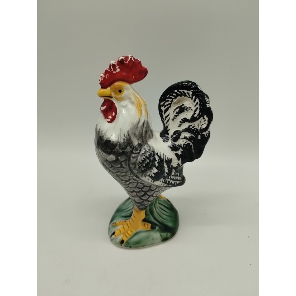 Vintage 6" Porcelain Rooster Chicken Figurine Japan Black White Farmhouse